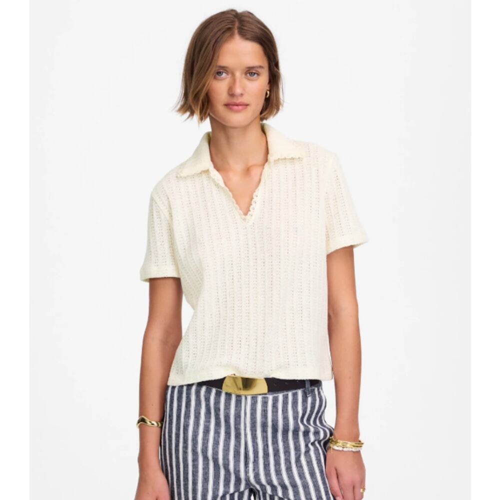 Madewell Crochet-Knit V-Neck Sweater Tee XS Vintage Ivory Short Sleeve Pullover